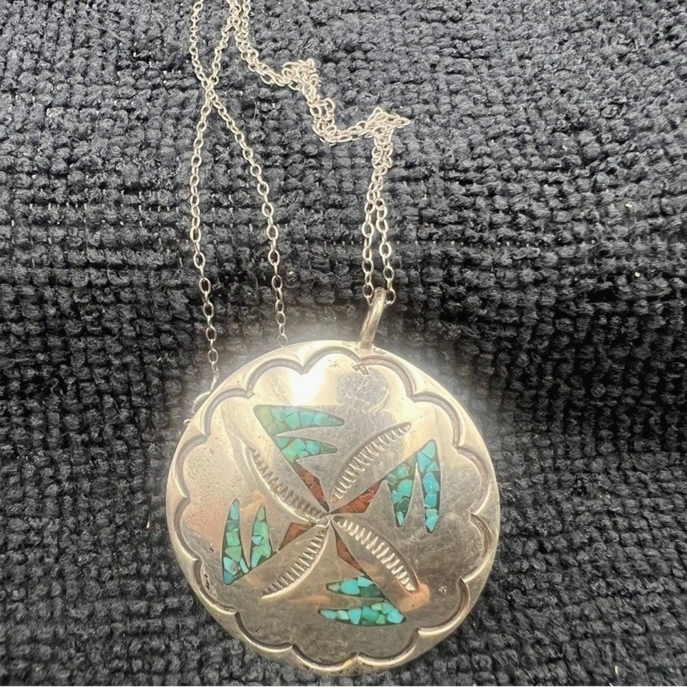 Vintage Sterling Silver Southwestern Necklace Turquoise Coral Chip Inlay 11g 18"